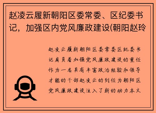 赵凌云履新朝阳区委常委、区纪委书记，加强区内党风廉政建设(朝阳赵玲)